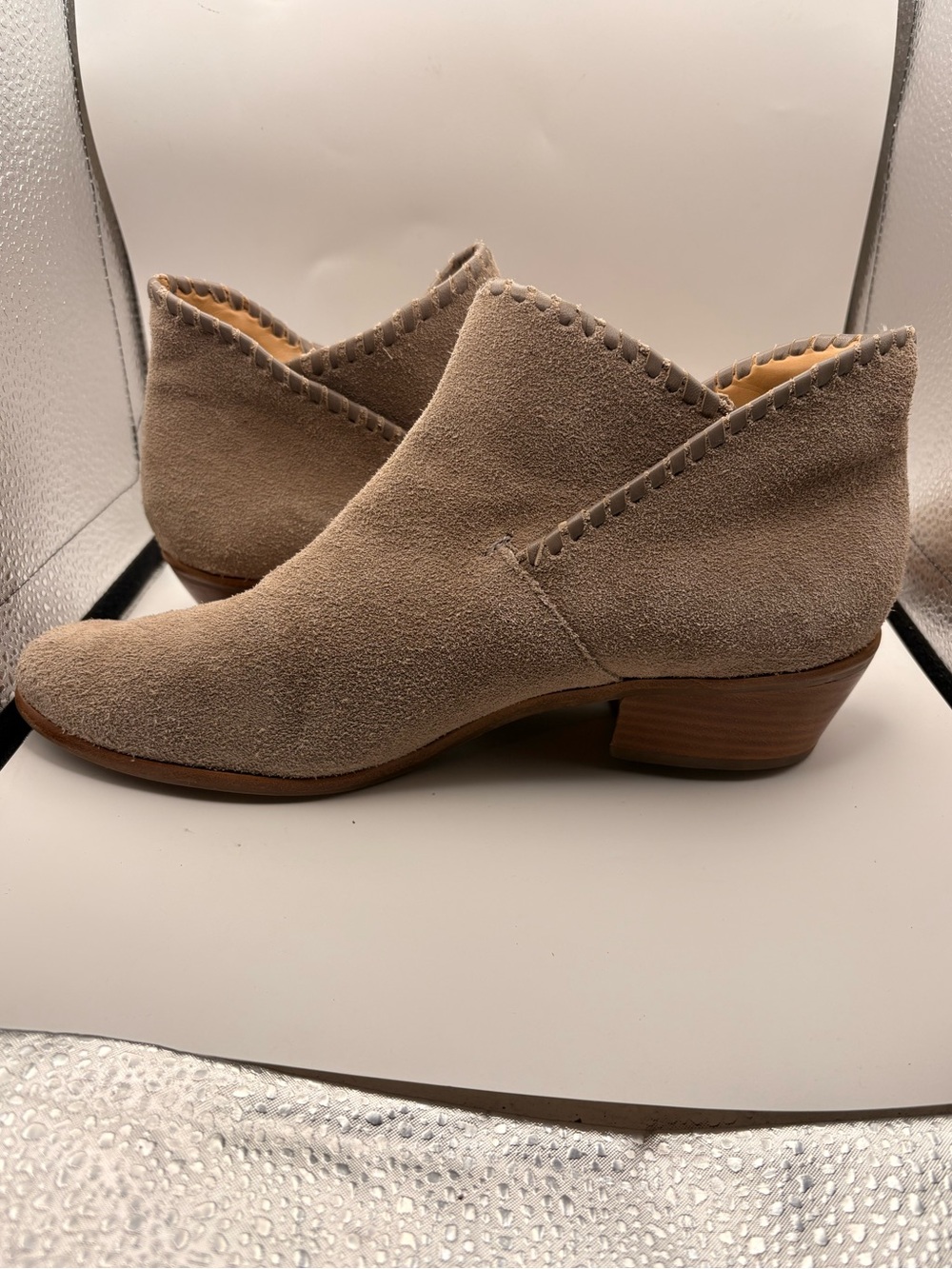 Jack Rogers Taupe Suede Ankle Booties with Whipstitch Trim